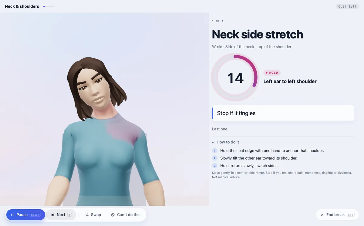 The Posture break window on a Mac: the guide doing a neck side stretch; a 14-second countdown; the cue Stop if it tingles; numbered steps; and Pause, Next, Swap and End break controls