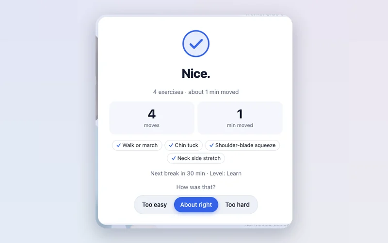 The finish card: Nice. 4 exercises, about 1 minute moved, and a quick rating